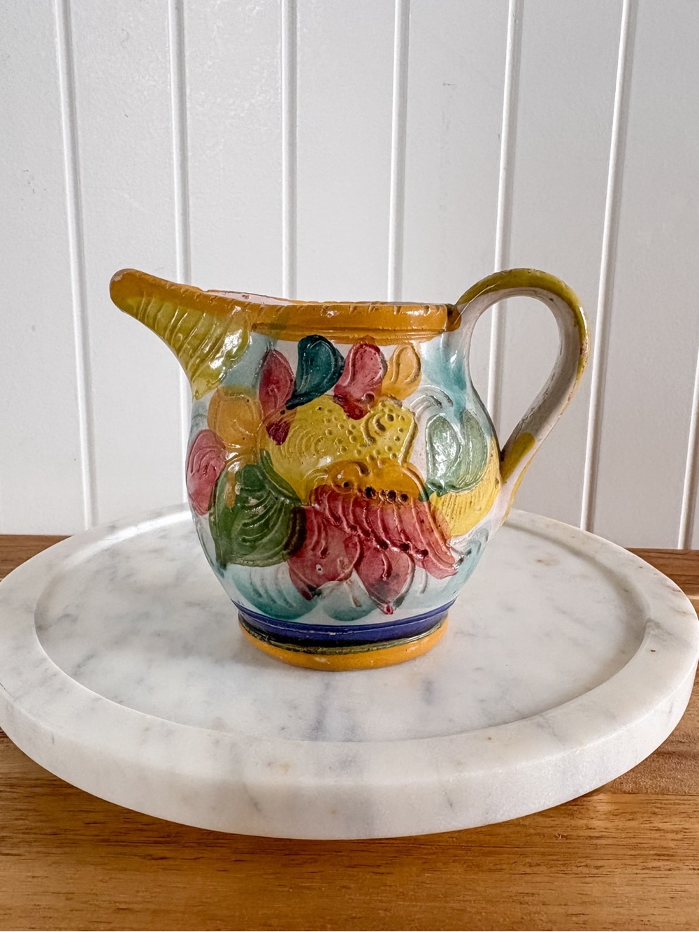 Majolica Style Floral Fruit Ceramic Pitcher Yellow Multicolor 5.5”